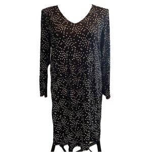 J Jill Black Print Shift Dress XL Wearever Collection Pleats V Neck Knee Length